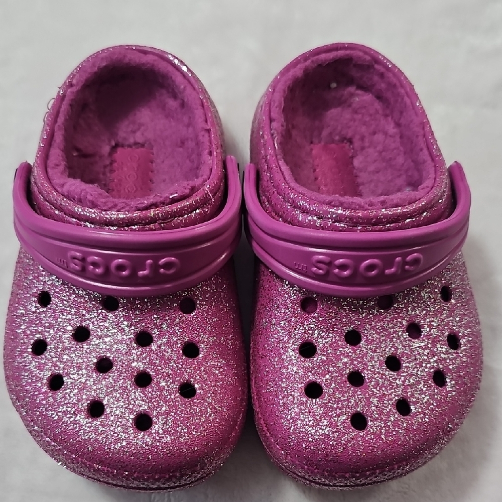 CROCS Pink Glitter Slippers with Plush Lining